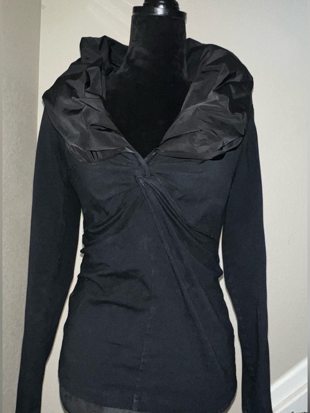 CAbi Vintage Women’s Black Long-Sleeve Twisted Front Top with Draped Collar